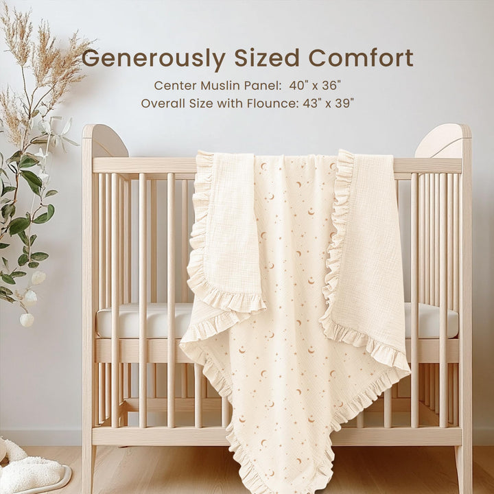 Konssy 100% Cotton Muslin Baby Blanket with Ruffle Trim for Girls, 43"x39" Reversible Design, Ultra Soft & Lightweight, for Swaddling, Crib, Stroller & Nursery Use, from Newborn to Toddler