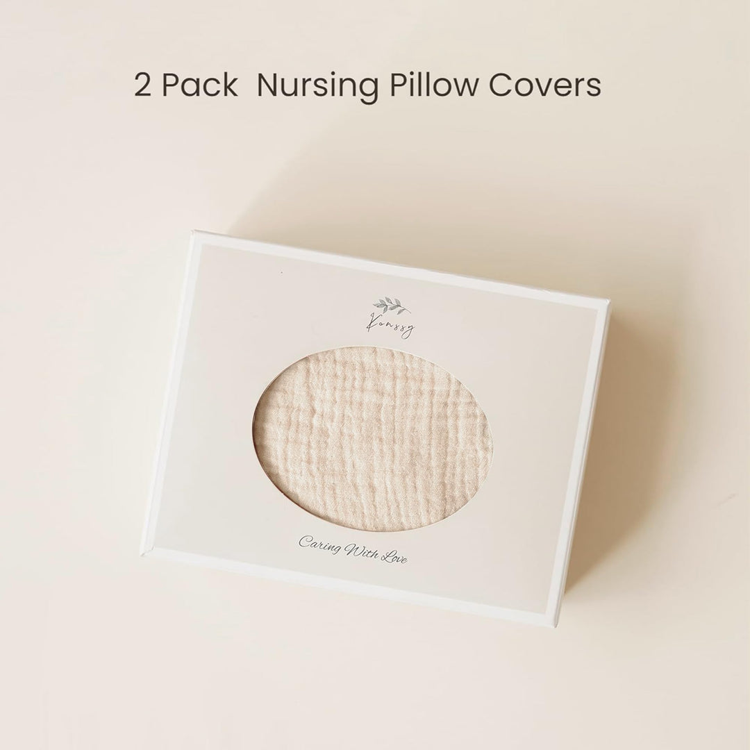Konssy 2-Pack 100% Cotton Muslin Nursing Pillow Covers, Soft Cover for Baby Covers Only, Breastfeeding Pillows Slipcovers for Baby Boys & Girls, Hidden Zipper, Machine Washable,