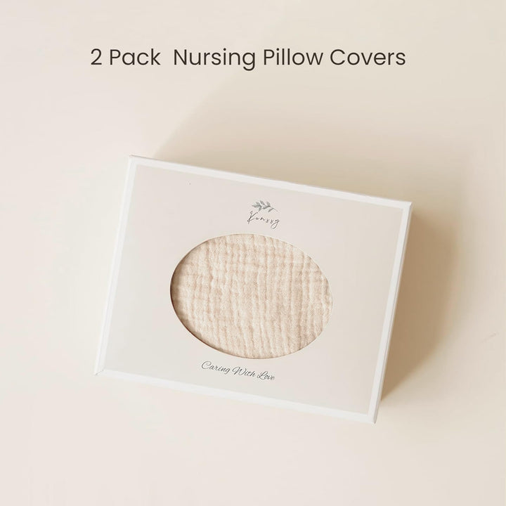 Konssy 2-Pack 100% Cotton Muslin Nursing Pillow Covers, Soft Cover for Baby Covers Only, Breastfeeding Pillows Slipcovers for Baby Boys & Girls, Hidden Zipper, Machine Washable,