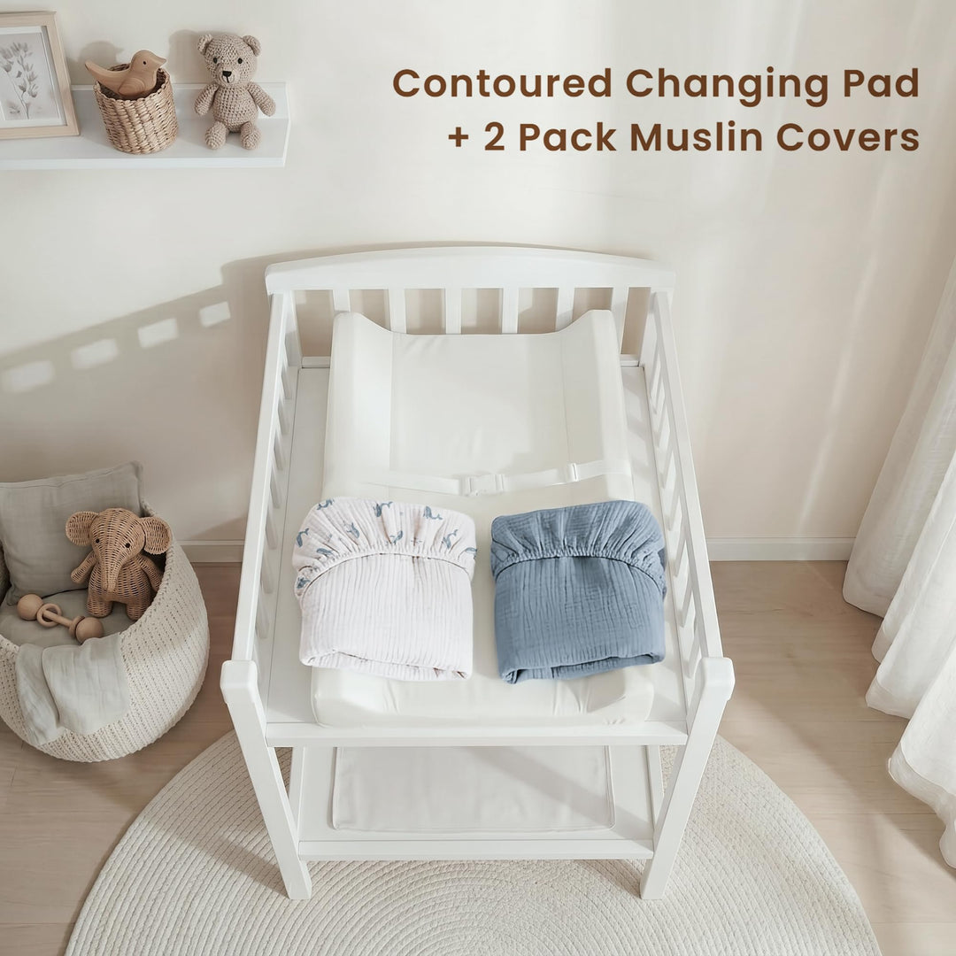 Konssy Baby Changing Pad Set with Waterproof Lining & 2 Pack Muslin Covers Soft Foam Support, Contoured Sides, Non-Slip Base & Safety Belt, Diaper Changing Pad for Dresser, 32" x 16"