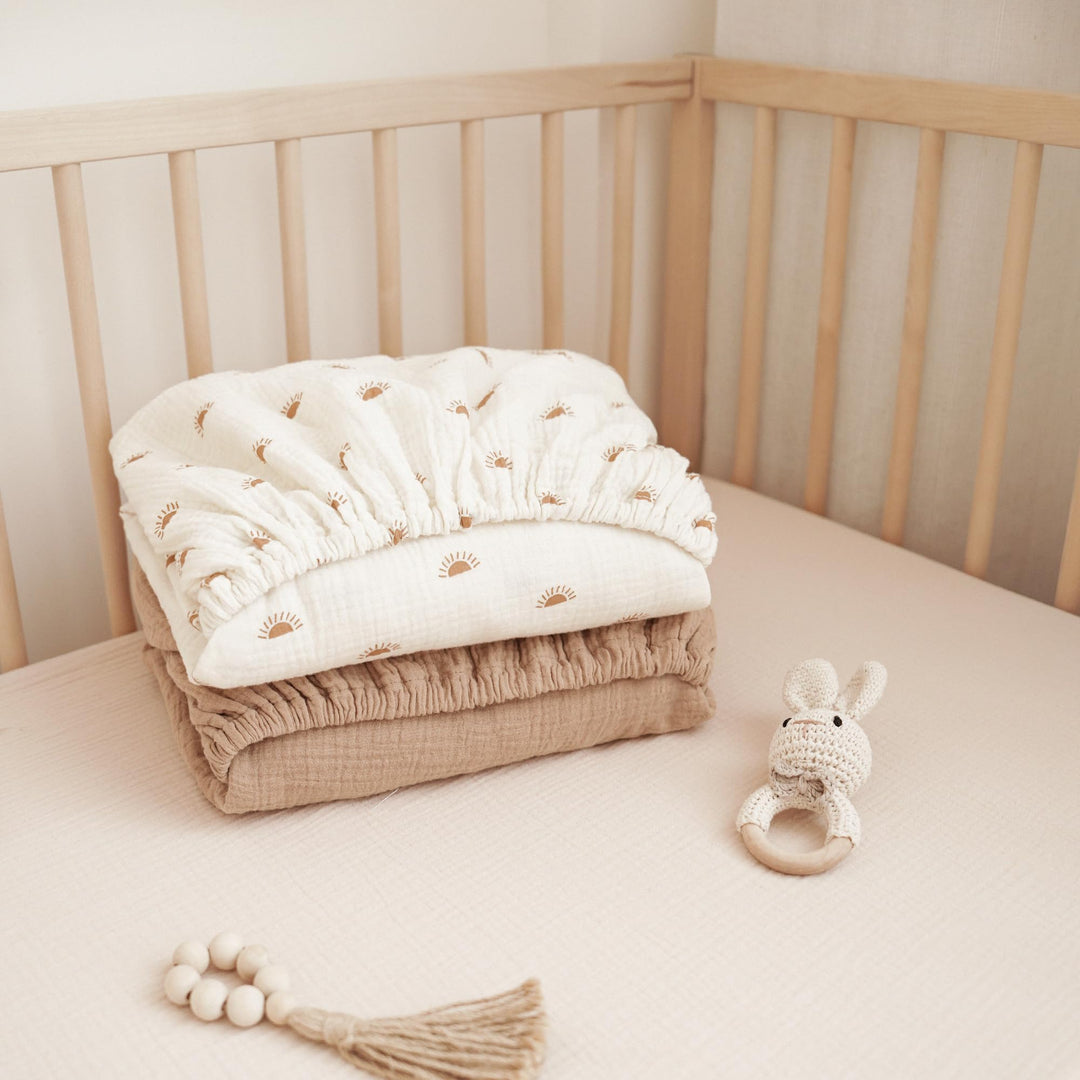 Konssy 2 Pack Muslin Crib Sheets for Baby Boys & Girls, 52" x 28" Fits Standard Crib Mattress, Premium 100% Cotton, Soft & Breathable, Neutral Design, 360° Full Elastic Fit