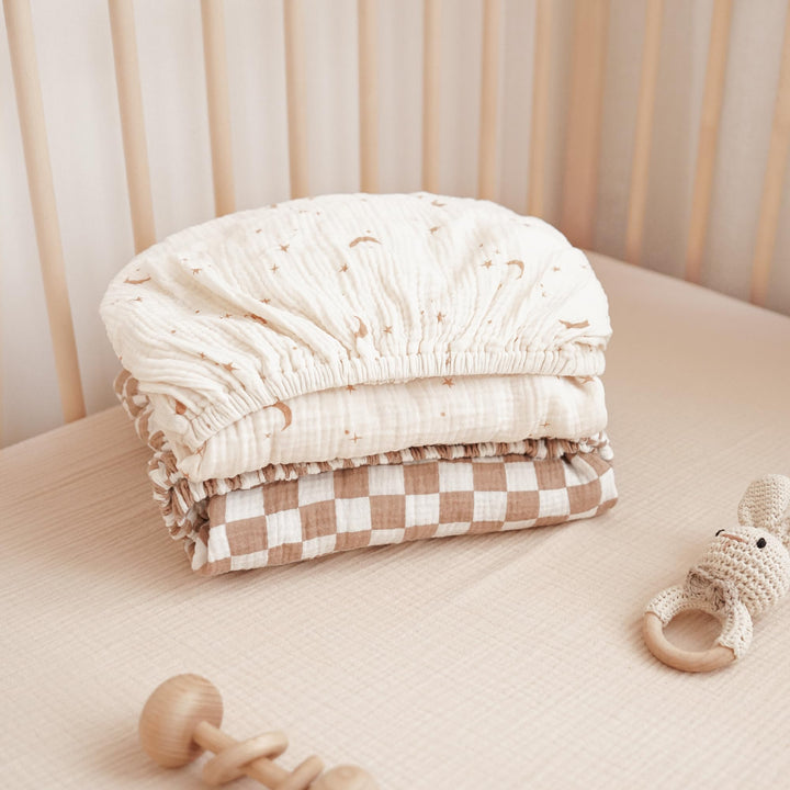 Konssy 2 Pack Muslin Crib Sheets for Baby Boys & Girls, 52" x 28" Fits Standard Crib Mattress, Premium 100% Cotton, Soft & Breathable, Neutral Design, 360° Full Elastic Fit