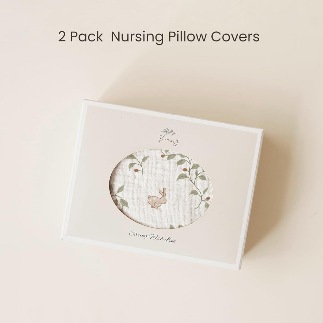 Konssy 2-Pack 100% Cotton Muslin Nursing Pillow Covers, Soft Cover for Baby Covers Only, Breastfeeding Pillows Slipcovers for Baby Boys & Girls, Hidden Zipper, Machine Washable,
