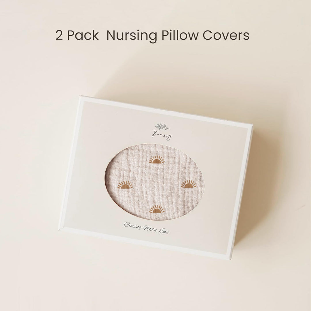 Konssy 2-Pack 100% Cotton Muslin Nursing Pillow Covers, Soft Cover for Baby Covers Only, Breastfeeding Pillows Slipcovers for Baby Boys & Girls, Hidden Zipper, Machine Washable,