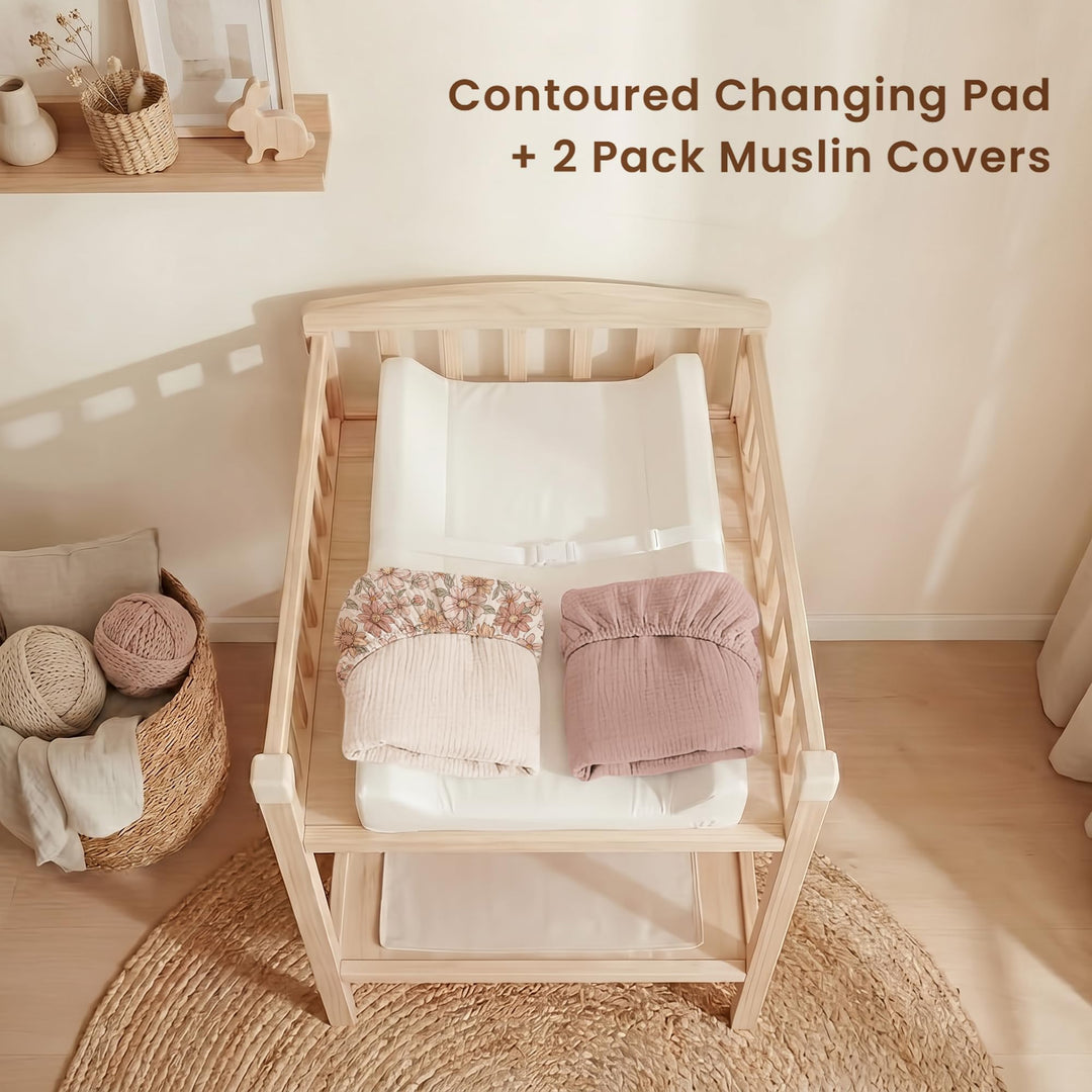 Konssy Baby Changing Pad Set with Waterproof Lining & 2 Pack Muslin Covers Soft Foam Support, Contoured Sides, Non-Slip Base & Safety Belt, Diaper Changing Pad for Dresser, 32" x 16"