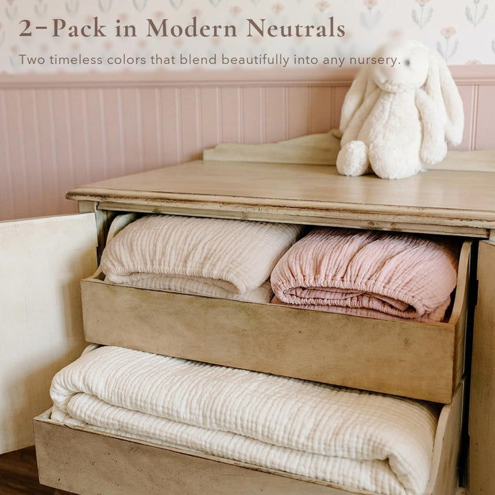 Konssy 2 Pack Muslin Crib Sheets for Standard Crib Mattress, 52" x 28" 100% Cotton, Soft & Breathable, 360° Elastic Snug Fit, Solid & Printed Designs for Baby Girls & Boys