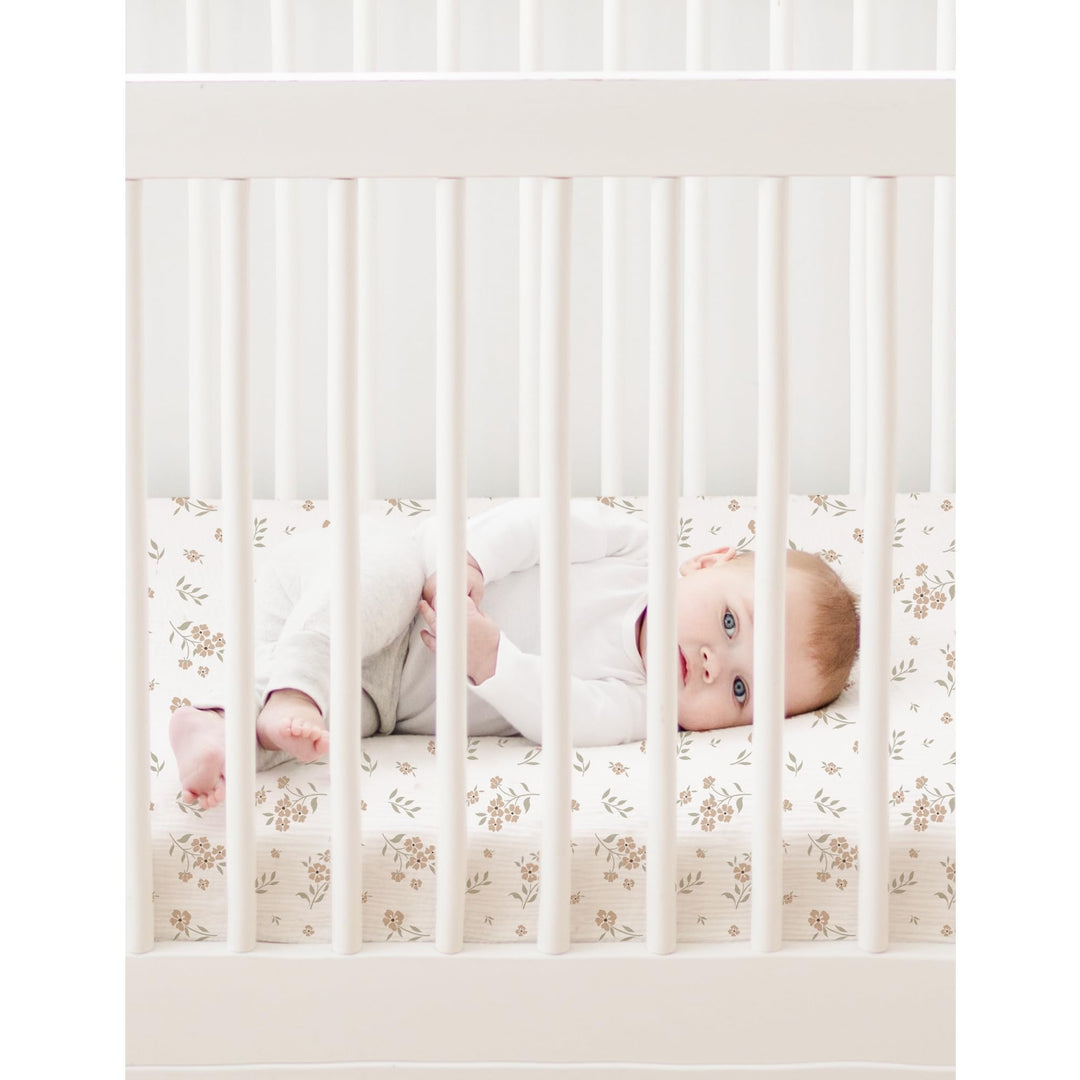 Konssy 2 Pack Muslin Mini Crib Sheets, Fits Pack and Play, 38"x24" 100% Cotton, Soft & Breathable, for Naps & Playtime, Floral & Solid Designs, Machine Washable