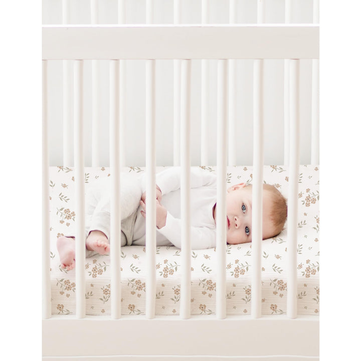 Konssy 2 Pack Muslin Mini Crib Sheets, Fits Pack and Play, 38"x24" 100% Cotton, Soft & Breathable, for Naps & Playtime, Floral & Solid Designs, Machine Washable