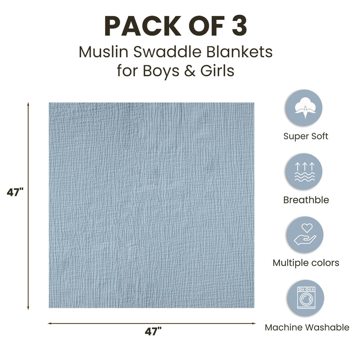 Konssy 3-Pack Muslin Baby Swaddle Blankets, 47 x 47 in Receiving Blankets Large Size, 100% Cotton, Ultra Soft & Breathable, Multi-Use Swaddles for Boys & Girls, from Newborn to Toddler