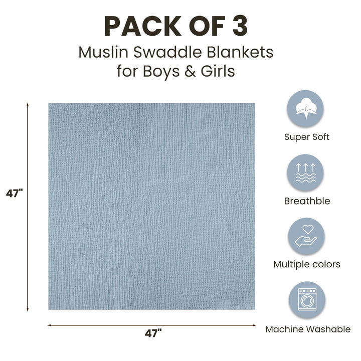 Konssy 3-Pack Muslin Baby Swaddle Blankets, 47 x 47 in Receiving Blankets Large Size, 100% Cotton, Ultra Soft & Breathable, Multi-Use Swaddles for Boys & Girls, from Newborn to Toddler