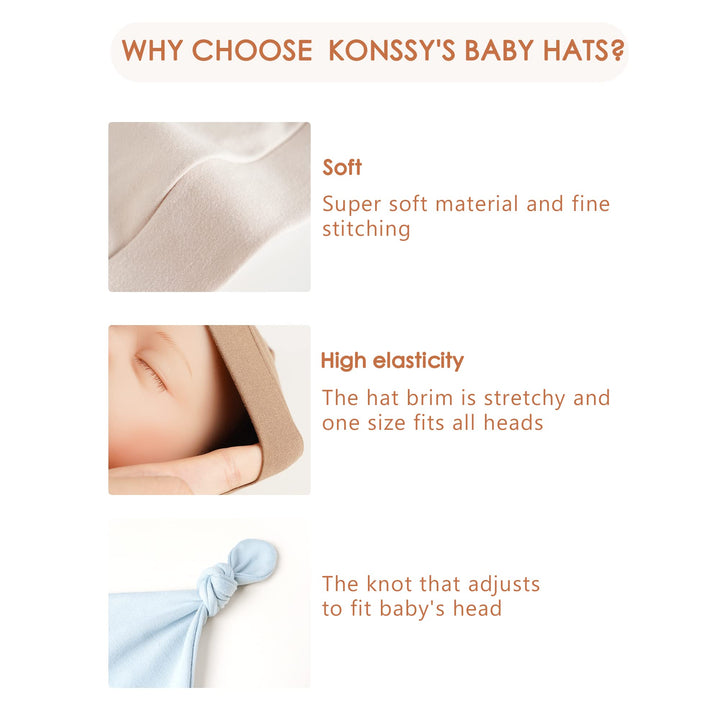 Konssy Baby Newborn Beanie Hat for Infant Girl Boy 0-6 Months Knot Sleepy Baby Hats, Buttery Soft & Stretchy Fabric, Preemie & Newborn Hospital Hat, for All Season