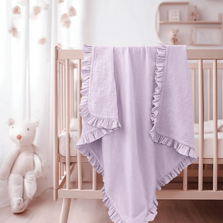 Konssy 100% Cotton Muslin Baby Blanket with Ruffle Trim for Girls, 43"x39" Reversible Design, Ultra Soft & Lightweight, for Swaddling, Crib, Stroller & Nursery Use, from Newborn to Toddler
