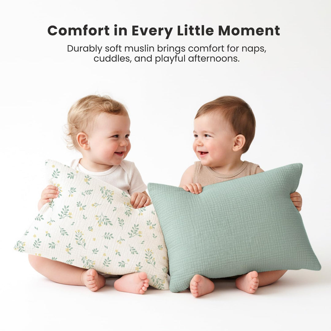Konssy 2 Pack Muslin Toddler Pillowcases, Soft Baby Pillow Cases, 13"x18" 100% Cotton, Soft & Breathable, Envelope Closure, Floral & Solid, for Baby Boys & Girls, Naps & Travel