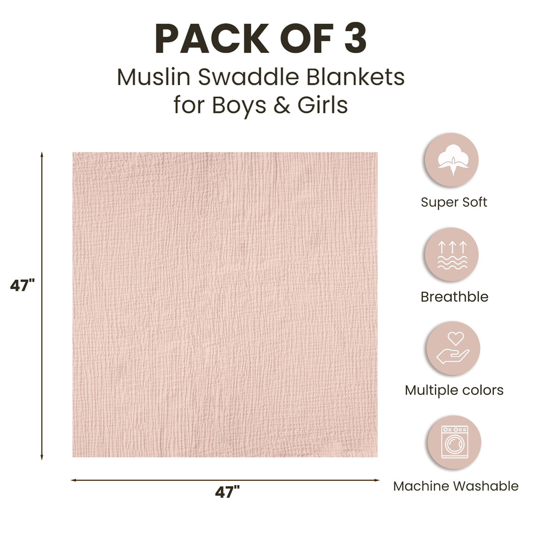 Konssy 3-Pack Muslin Baby Swaddle Blankets, 47 x 47 in Receiving Blankets Large Size, 100% Cotton, Ultra Soft & Breathable, Multi-Use Swaddles for Boys & Girls, from Newborn to Toddler