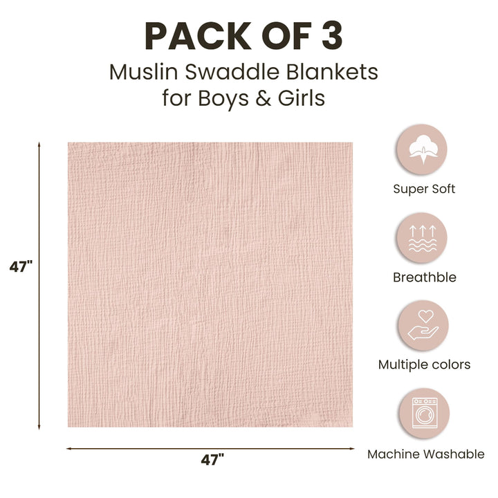 Konssy 3-Pack Muslin Baby Swaddle Blankets, 47 x 47 in Receiving Blankets Large Size, 100% Cotton, Ultra Soft & Breathable, Multi-Use Swaddles for Boys & Girls, from Newborn to Toddler