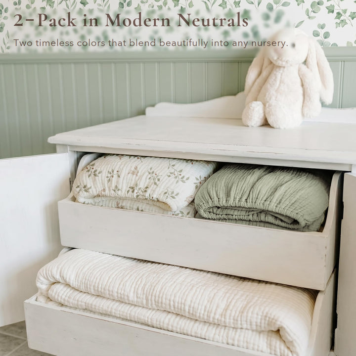 Konssy 2 Pack Muslin Crib Sheets for Standard Crib Mattress, 52" x 28" 100% Cotton, Soft & Breathable, 360° Elastic Snug Fit, Solid & Printed Designs for Baby Girls & Boys