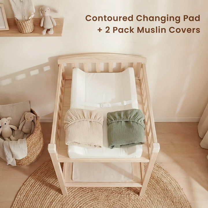Konssy Baby Changing Pad Set with Waterproof Lining & 2 Pack Muslin Covers Soft Foam Support, Contoured Sides, Non-Slip Base & Safety Belt, Diaper Changing Pad for Dresser, 32" x 16"