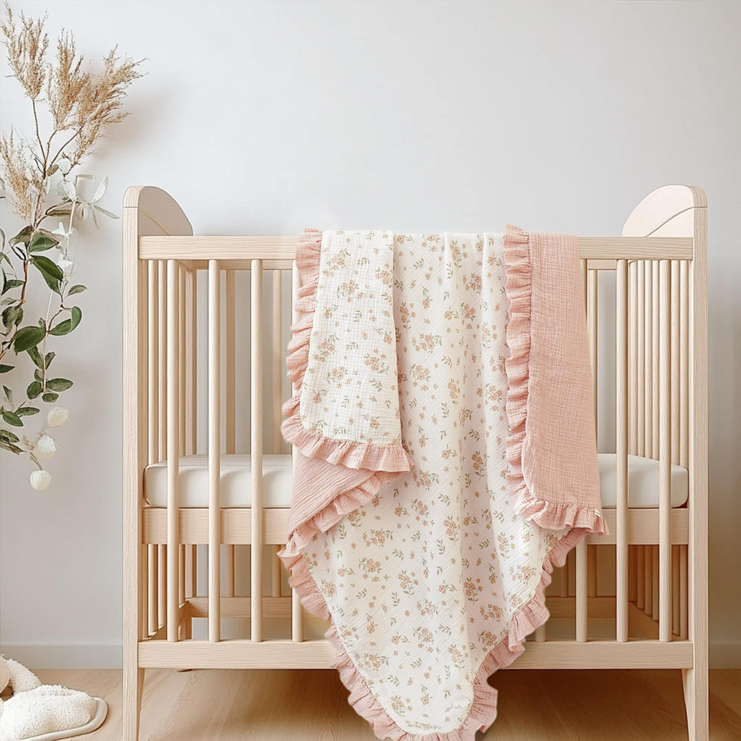 Konssy 100% Cotton Muslin Baby Blanket with Ruffle Trim for Girls, 43"x39" Reversible Design, Ultra Soft & Lightweight, for Swaddling, Crib, Stroller & Nursery Use, from Newborn to Toddler