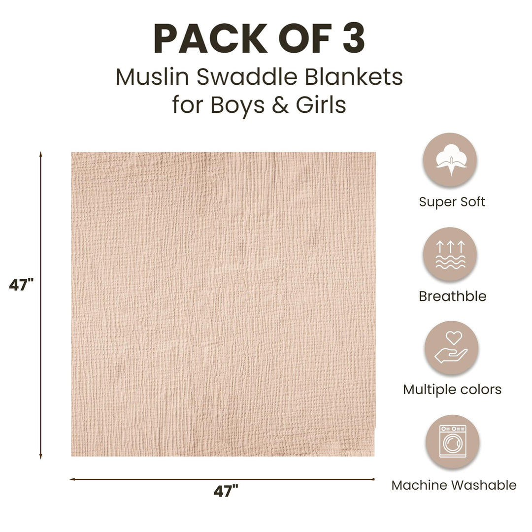 Konssy 3-Pack Muslin Baby Swaddle Blankets, 47 x 47 in Receiving Blankets Large Size, 100% Cotton, Ultra Soft & Breathable, Multi-Use Swaddles for Boys & Girls, from Newborn to Toddler