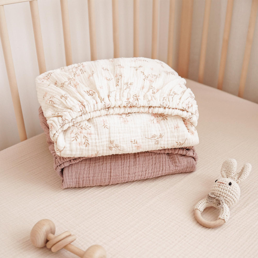Konssy 2 Pack Muslin Crib Sheets for Baby Boys & Girls, 52" x 28" Fits Standard Crib Mattress, Premium 100% Cotton, Soft & Breathable, Neutral Design, 360° Full Elastic Fit