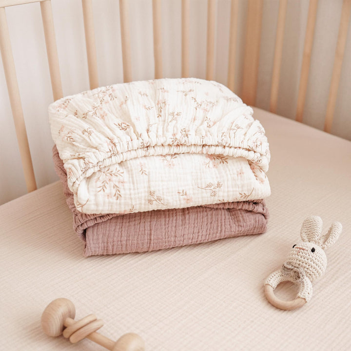 Konssy 2 Pack Muslin Crib Sheets for Baby Boys & Girls, 52" x 28" Fits Standard Crib Mattress, Premium 100% Cotton, Soft & Breathable, Neutral Design, 360° Full Elastic Fit