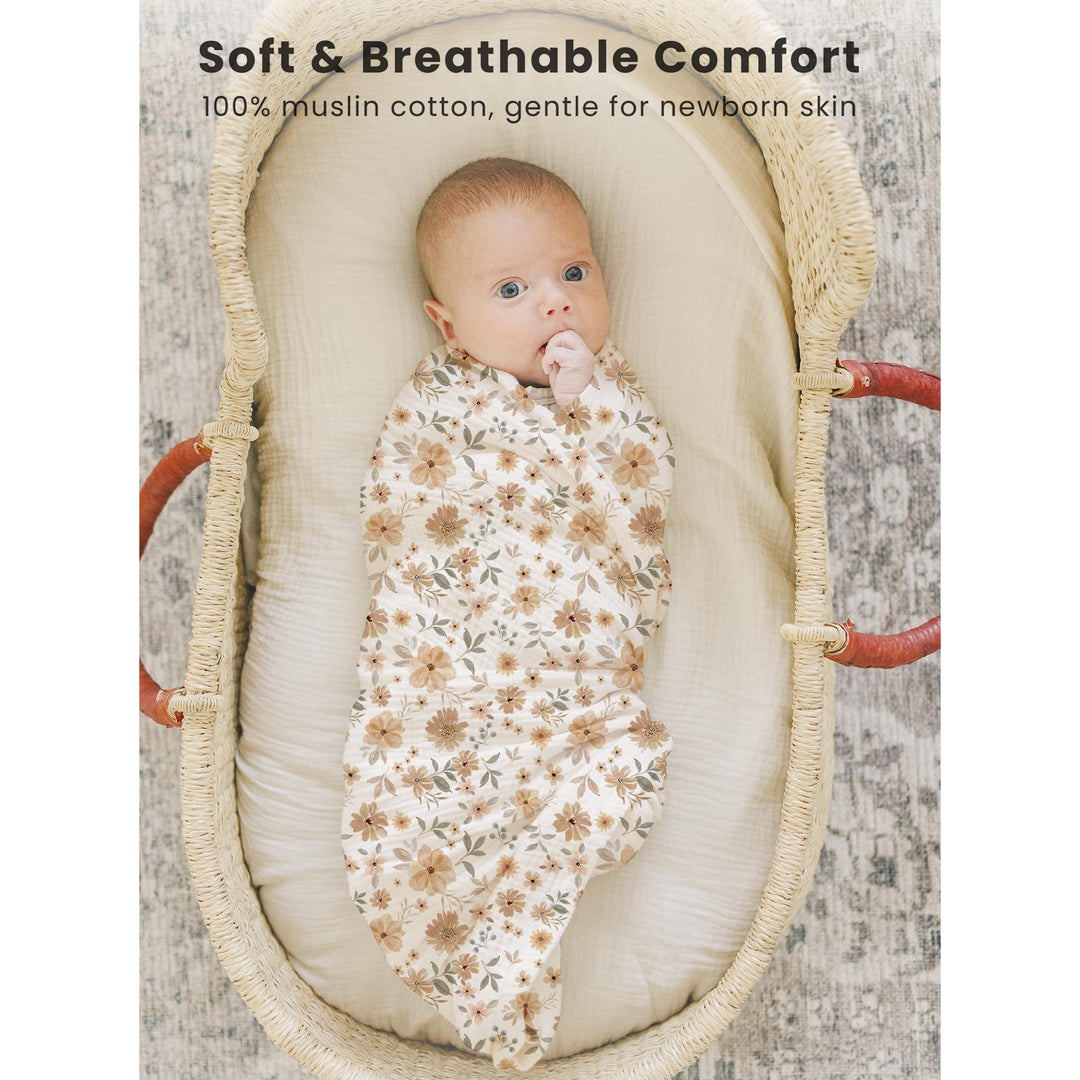 Konssy 3-Pack Muslin Baby Swaddle Blankets, 47 x 47 in Receiving Blankets Large Size, 100% Cotton, Ultra Soft & Breathable, Multi-Use Swaddles for Boys & Girls, from Newborn to Toddler