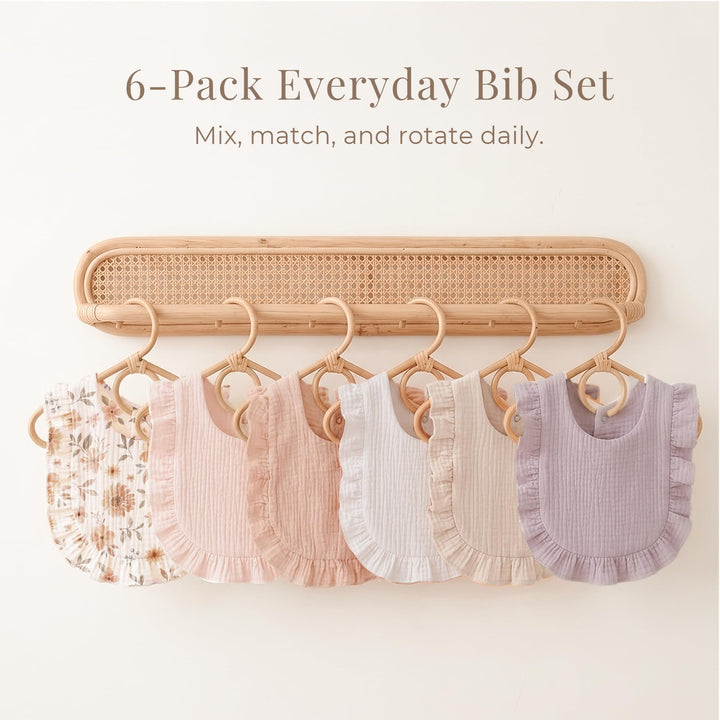 Konssy 6-Pack Muslin Baby Girl Bibs, 100% Soft Cotton Absorbent Drool Bibs 6-Layer Adjustable Bibs with Ruffle Trim for Drooling & Teething, Baby Girl Gifts for Newborn, Infant 0-36 Months