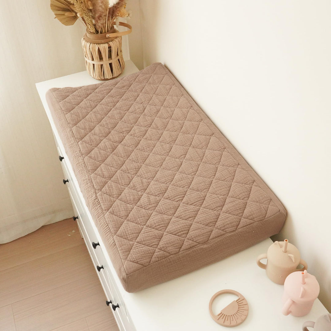 Konssy 2 Pack Quilted Muslin Changing Pad Cover, Waterproof Layer, 32"x16" 100% Cotton Surface, Absorbent & Soft, Fitted Changing Table Sheets, Full Elastic Fit, for Baby Girls & Boys