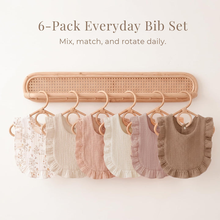 Konssy 6-Pack Muslin Baby Girl Bibs, 100% Soft Cotton Absorbent Drool Bibs 6-Layer Adjustable Bibs with Ruffle Trim for Drooling & Teething, Baby Girl Gifts for Newborn, Infant 0-36 Months