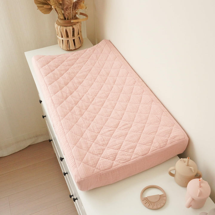 Konssy 2 Pack Quilted Muslin Changing Pad Cover, Waterproof Layer, 32"x16" 100% Cotton Surface, Absorbent & Soft, Fitted Changing Table Sheets, Full Elastic Fit, for Baby Girls & Boys