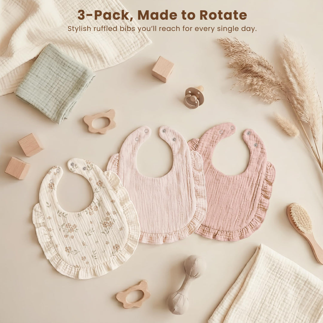 Konssy 3-Pack Muslin Baby Girl Bibs, 100% Cotton with Ruffle Trim Ultra Soft & Absorbent, Baby Essentials for Drooling and Teething, for Newborn, Infant & Toddler 0-36 Months