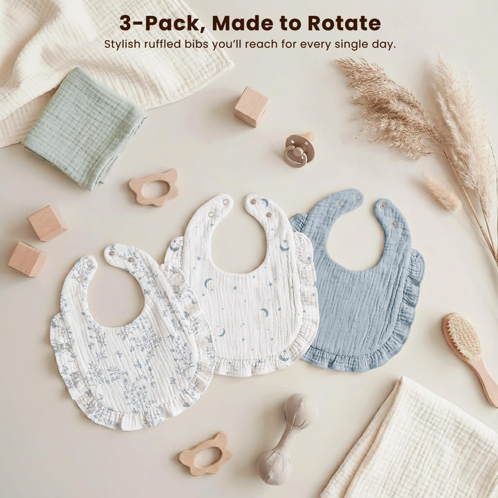 Konssy 3-Pack Muslin Baby Girl Bibs, 100% Cotton with Ruffle Trim Ultra Soft & Absorbent, Baby Essentials for Drooling and Teething, for Newborn, Infant & Toddler 0-36 Months