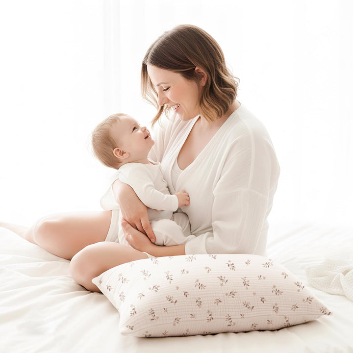 Konssy 2 Pack Muslin Toddler Pillowcases, Soft Baby Pillow Cases, 13"x18" 100% Cotton, Soft & Breathable, Envelope Closure, Floral & Solid, for Baby Boys & Girls, Naps & Travel