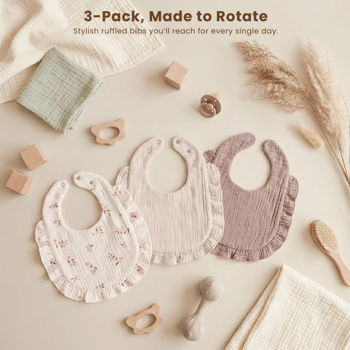 Konssy 3-Pack Muslin Baby Girl Bibs, 100% Cotton with Ruffle Trim Ultra Soft & Absorbent, Baby Essentials for Drooling and Teething, for Newborn, Infant & Toddler 0-36 Months