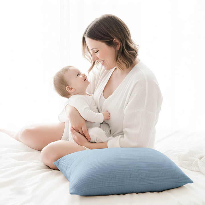 Konssy 2 Pack Muslin Toddler Pillowcases, Soft Baby Pillow Cases, 13"x18" 100% Cotton, Soft & Breathable, Envelope Closure, Floral & Solid, for Baby Boys & Girls, Naps & Travel