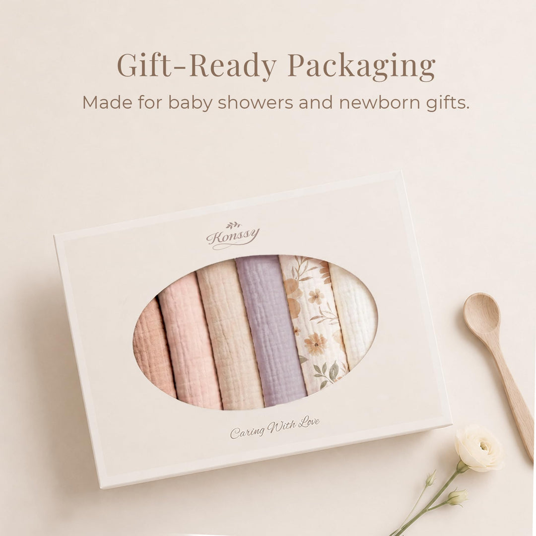 Konssy 6-Pack Muslin Baby Girl Bibs, 100% Soft Cotton Absorbent Drool Bibs 6-Layer Adjustable Bibs with Ruffle Trim for Drooling & Teething, Baby Girl Gifts for Newborn, Infant 0-36 Months
