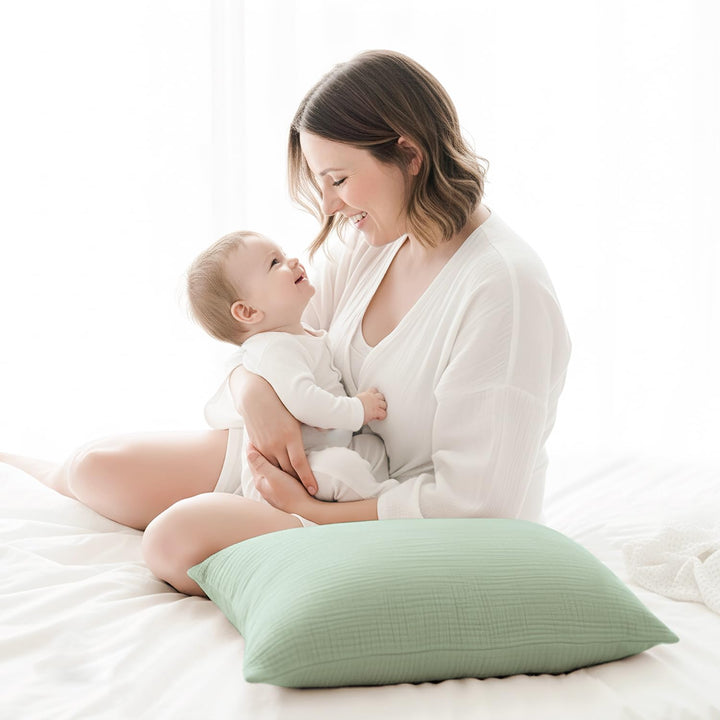Konssy 2 Pack Muslin Toddler Pillowcases, Soft Baby Pillow Cases, 13"x18" 100% Cotton, Soft & Breathable, Envelope Closure, Floral & Solid, for Baby Boys & Girls, Naps & Travel