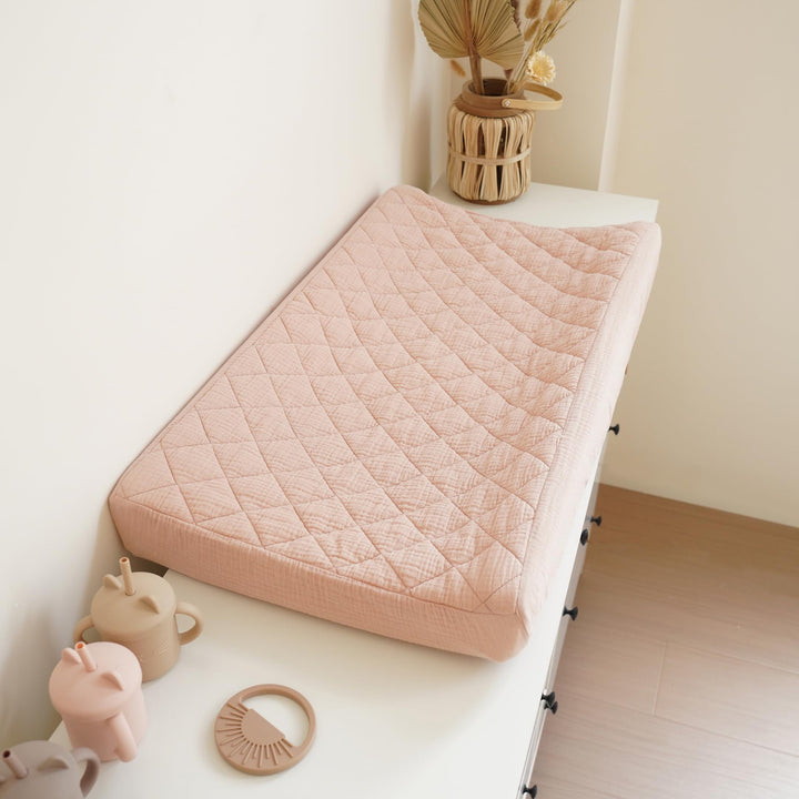 Konssy 2 Pack Quilted Muslin Changing Pad Cover, Waterproof Layer, 32"x16" 100% Cotton Surface, Absorbent & Soft, Fitted Changing Table Sheets, Full Elastic Fit, for Baby Girls & Boys