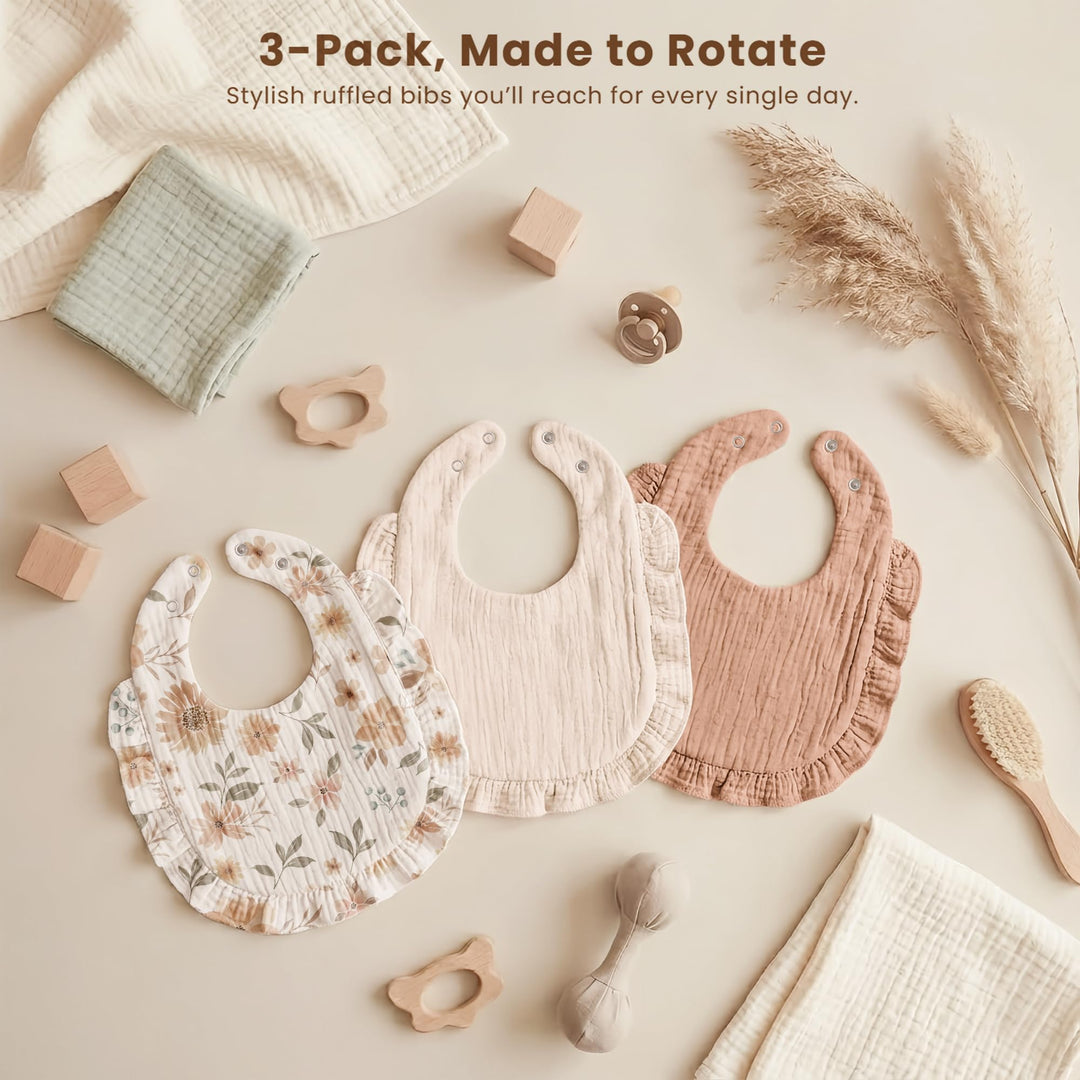 Konssy 3-Pack Muslin Baby Girl Bibs, 100% Cotton with Ruffle Trim Ultra Soft & Absorbent, Baby Essentials for Drooling and Teething, for Newborn, Infant & Toddler 0-36 Months