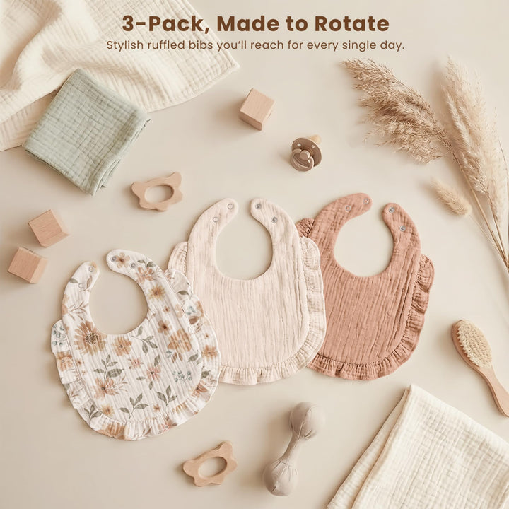 Konssy 3-Pack Muslin Baby Girl Bibs, 100% Cotton with Ruffle Trim Ultra Soft & Absorbent, Baby Essentials for Drooling and Teething, for Newborn, Infant & Toddler 0-36 Months