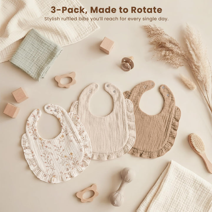 Konssy 3-Pack Muslin Baby Girl Bibs, 100% Cotton with Ruffle Trim Ultra Soft & Absorbent, Baby Essentials for Drooling and Teething, for Newborn, Infant & Toddler 0-36 Months