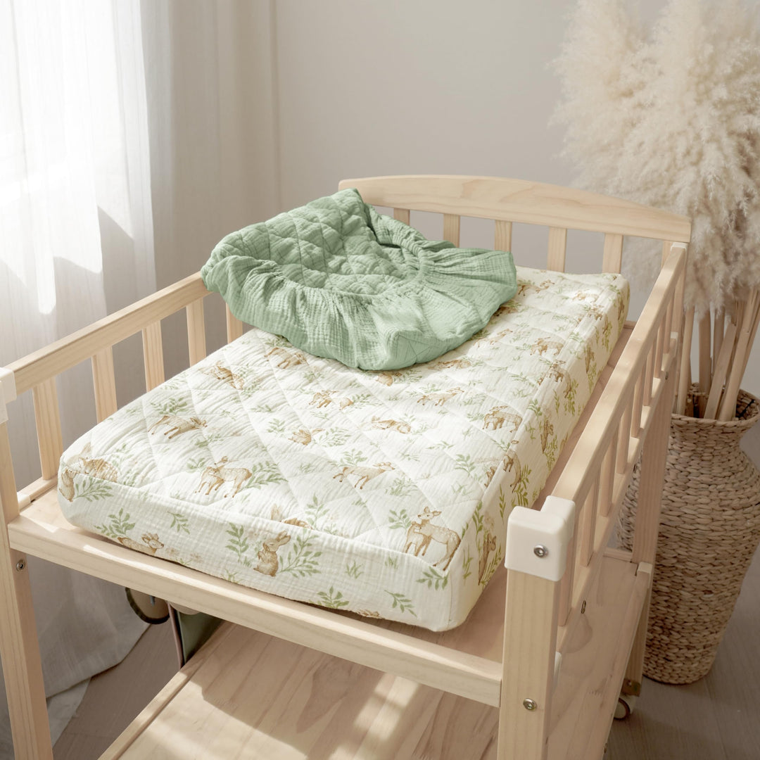 Konssy 2 Pack Quilted Muslin Changing Pad Cover, Waterproof Layer, 32"x16" 100% Cotton Surface, Absorbent & Soft, Fitted Changing Table Sheets, Full Elastic Fit, for Baby Girls & Boys