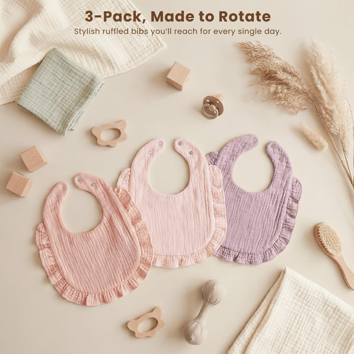 Konssy 3-Pack Muslin Baby Girl Bibs, 100% Cotton with Ruffle Trim Ultra Soft & Absorbent, Baby Essentials for Drooling and Teething, for Newborn, Infant & Toddler 0-36 Months