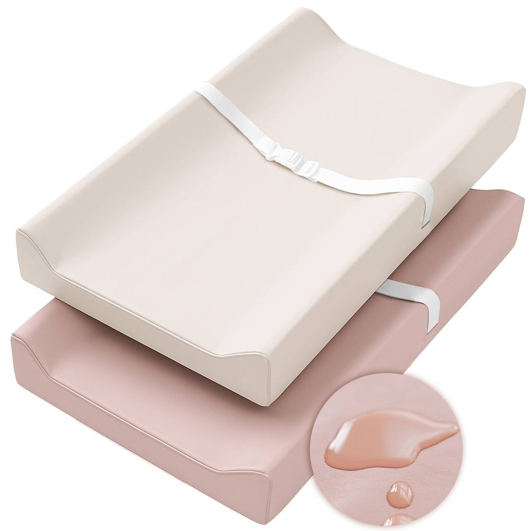 Konssy Vegan Leather Changing Pad Cover for Baby Girls Boys, 2 Pack Waterproof & Wipe-Clean Diaper Chang Table Covers, Soft Changing Pad Sheets (Fog Green,Beige)