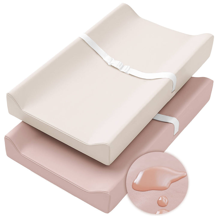Konssy Vegan Leather Changing Pad Cover for Baby Girls Boys, 2 Pack Waterproof & Wipe-Clean Diaper Chang Table Covers, Soft Changing Pad Sheets (Fog Green,Beige)
